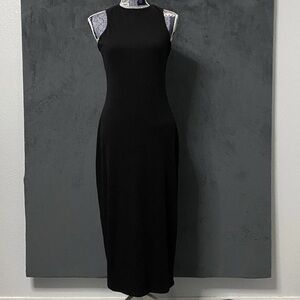 Bebe Maxi Tank Dress Womens M Black Cotton Stretch Ribbed Knit Crew Neck LBD